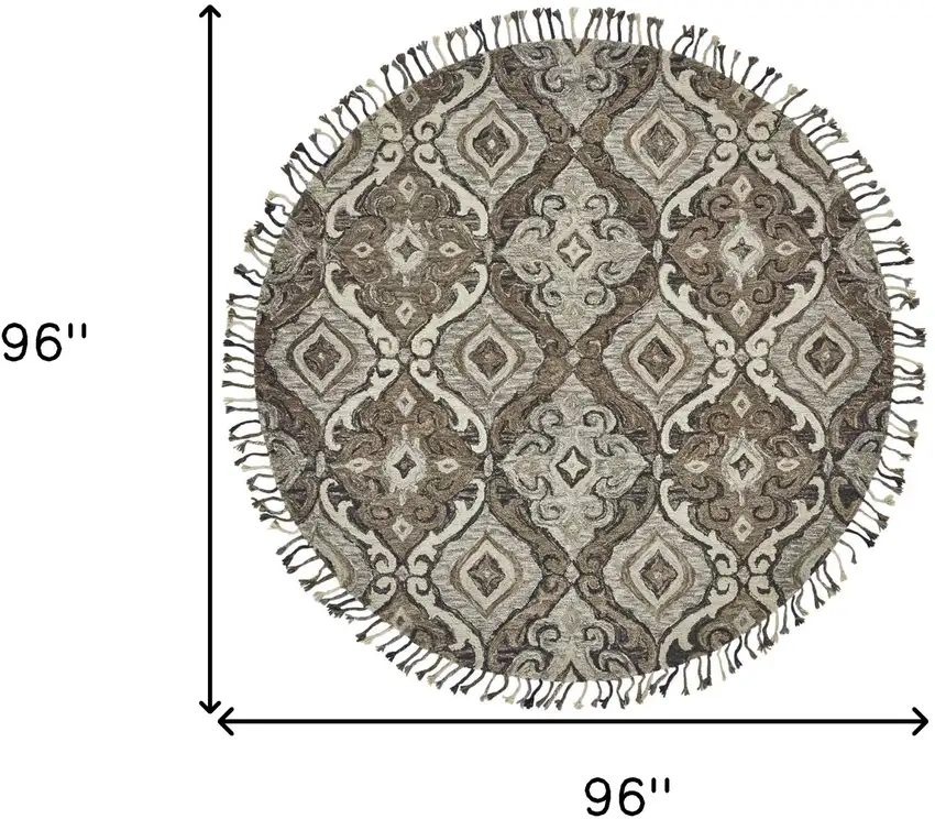 8' Gray Taupe And Ivory Round Wool Floral Tufted Handmade Stain Resistant Area Rug With Fringe Photo 4