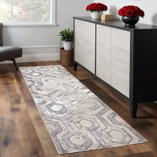8' Gray Taupe And Silver Abstract Runner Rug Photo 1