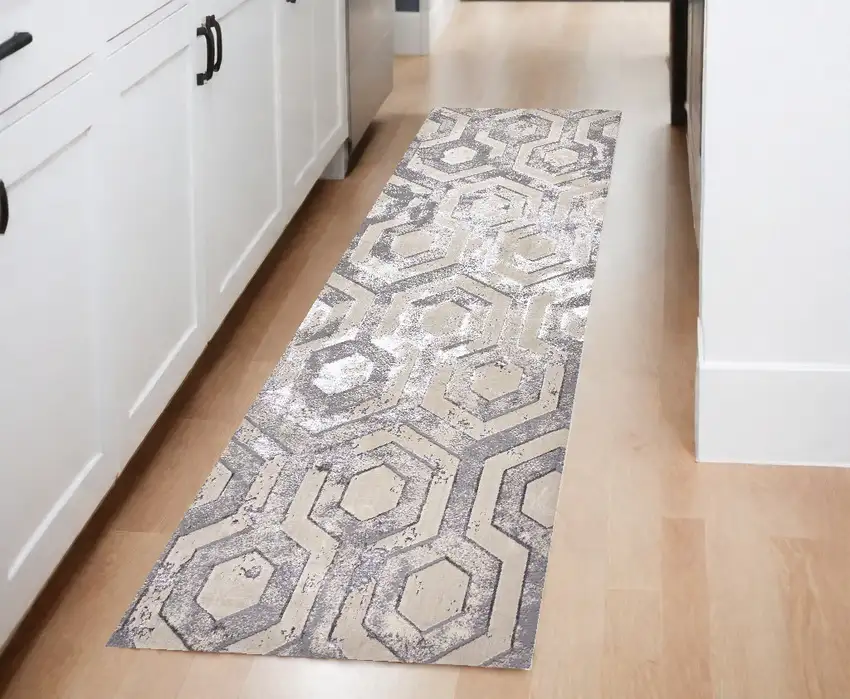 8' Gray Taupe And Silver Abstract Runner Rug Photo 1