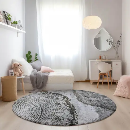 8' Gray Taupe And Silver Round Abstract Washable Indoor Outdoor Area Rug Photo 6
