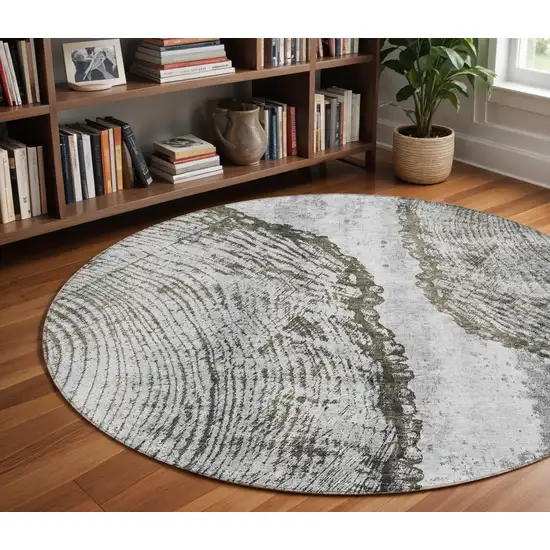 8' Gray Taupe And Silver Round Abstract Washable Indoor Outdoor Area Rug Photo 8