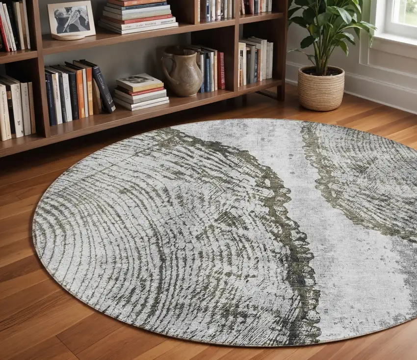 8' Gray Taupe And Silver Round Abstract Washable Indoor Outdoor Area Rug Photo 8