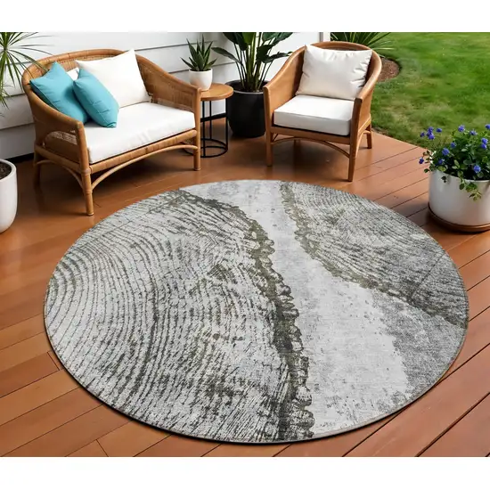 8' Gray Taupe And Silver Round Abstract Washable Indoor Outdoor Area Rug Photo 1