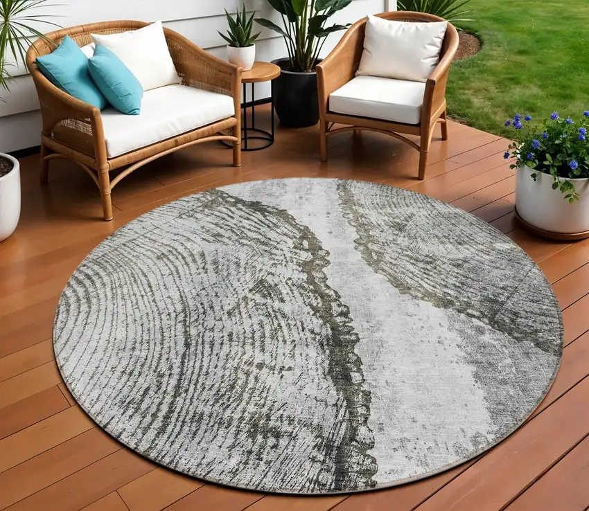 8' Gray Taupe And Silver Round Abstract Washable Indoor Outdoor Area Rug Photo 1