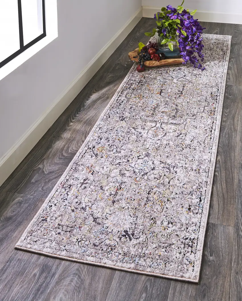 8' Gray Taupe And Yellow Abstract Stain Resistant Runner Rug Photo 7