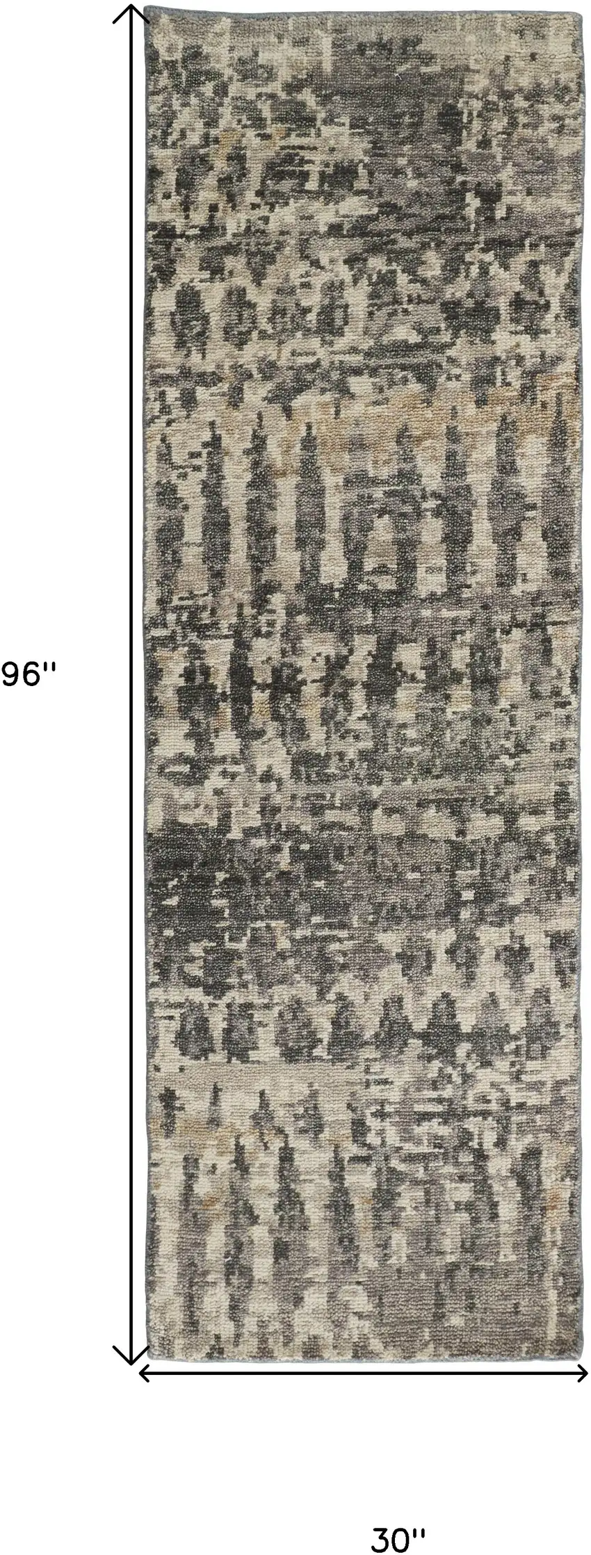 8' Gray Taupe and Ivory Wool Abstract Hand Knotted Runner Rug Photo 3