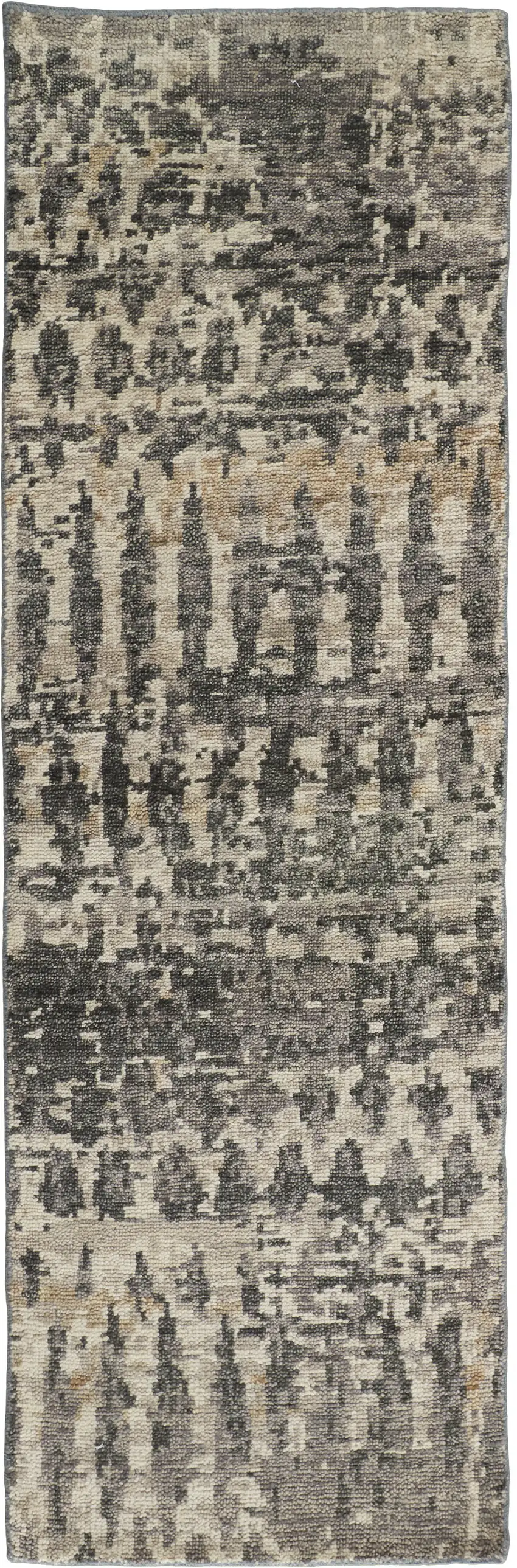 8' Gray Taupe and Ivory Wool Abstract Hand Knotted Runner Rug Photo 2