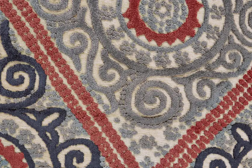8' Gray Taupe and Red Paisley Power Loom Runner Rug Photo 6