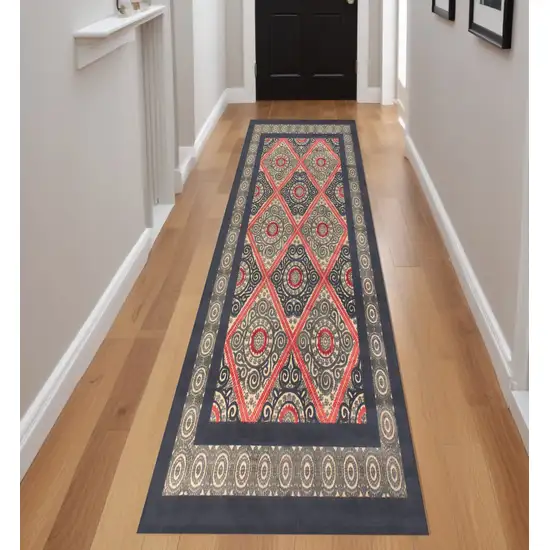 8' Gray Taupe and Red Paisley Power Loom Runner Rug Photo 1