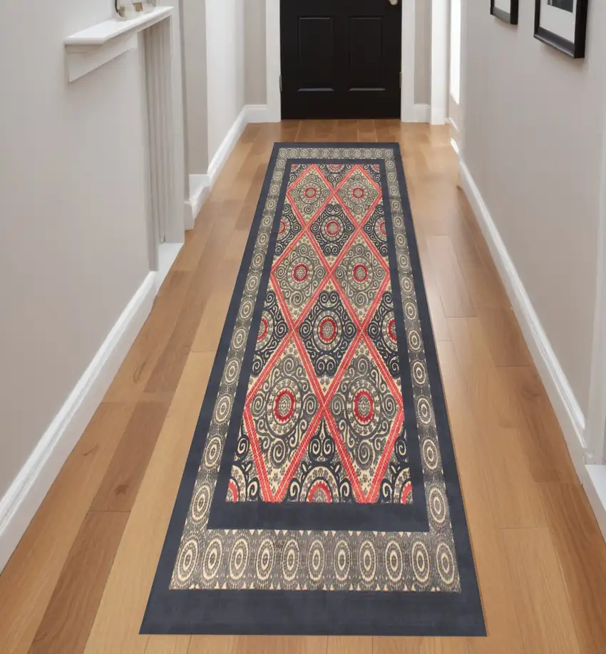 8' Gray Taupe and Red Paisley Power Loom Runner Rug Photo 1