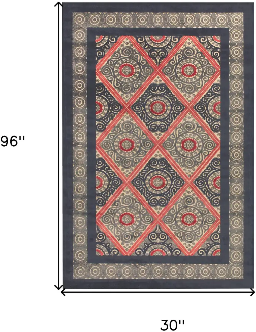 8' Gray Taupe and Red Paisley Power Loom Runner Rug Photo 3