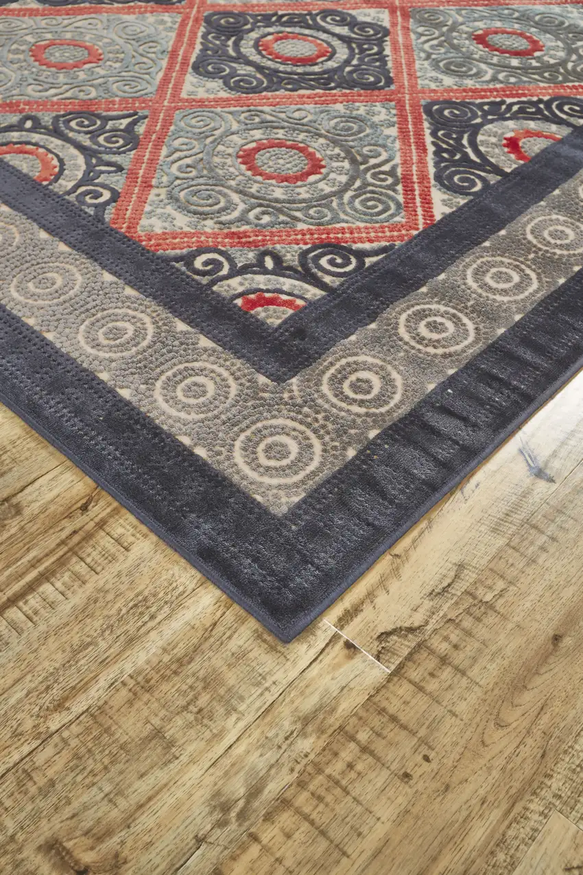 8' Gray Taupe and Red Paisley Power Loom Runner Rug Photo 7
