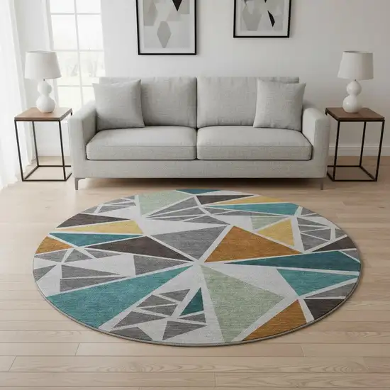 8' Gray Teal And Copper Geometric Washable Round Rug With UV Protection Photo 2