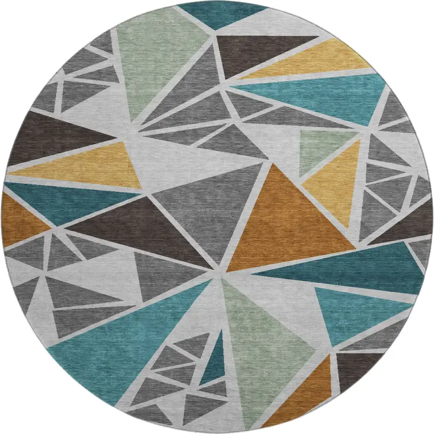 8' Gray Teal And Copper Geometric Washable Round Rug With UV Protection Photo 1