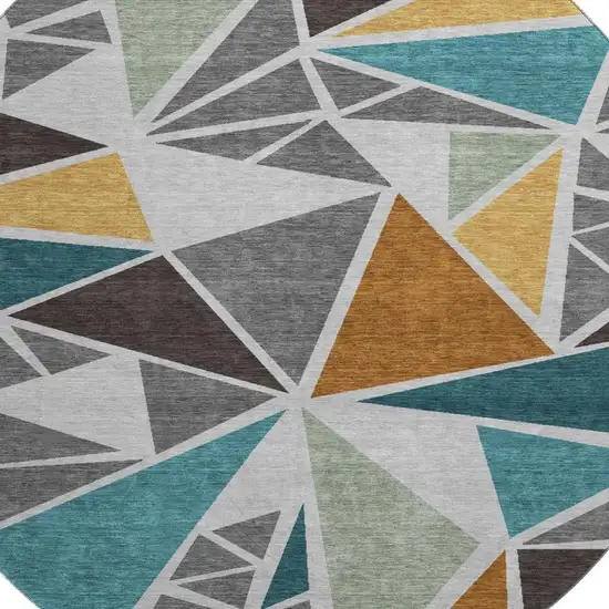 8' Gray Teal And Copper Geometric Washable Round Rug With UV Protection Photo 2