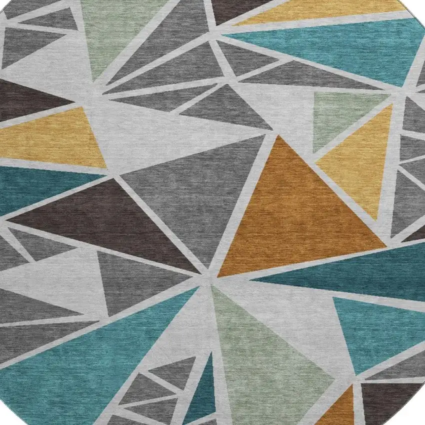 8' Gray Teal And Copper Geometric Washable Round Rug With UV Protection Photo 2