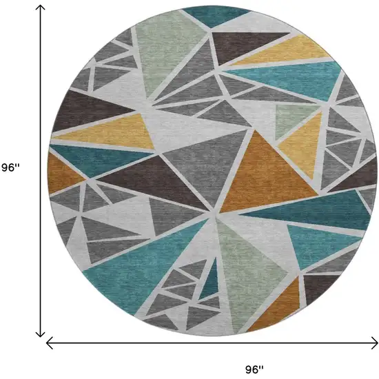 8' Gray Teal And Copper Geometric Washable Round Rug With UV Protection Photo 9