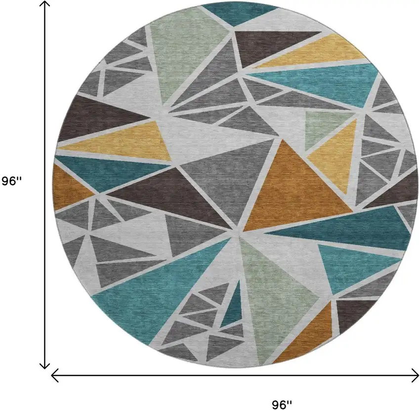 8' Gray Teal And Copper Geometric Washable Round Rug With UV Protection Photo 9