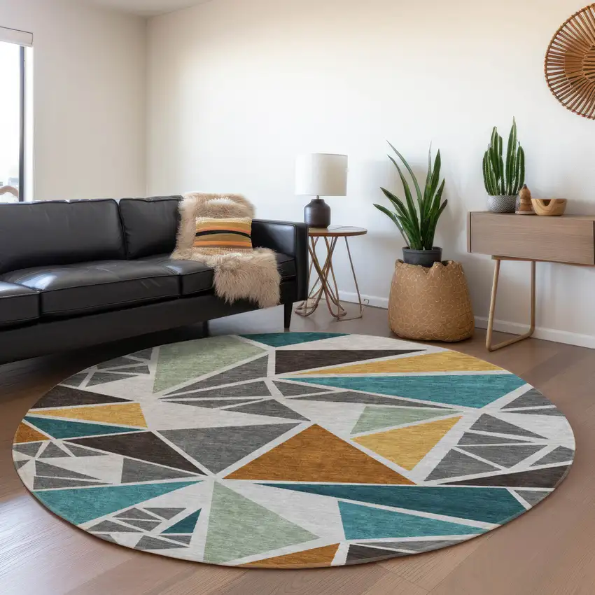 8' Gray Teal And Copper Geometric Washable Round Rug With UV Protection Photo 4