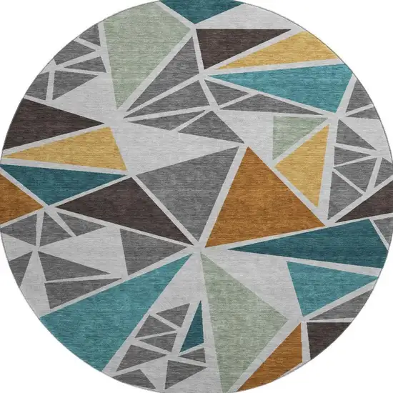 8' Gray Teal And Copper Geometric Washable Round Rug With UV Protection Photo 3