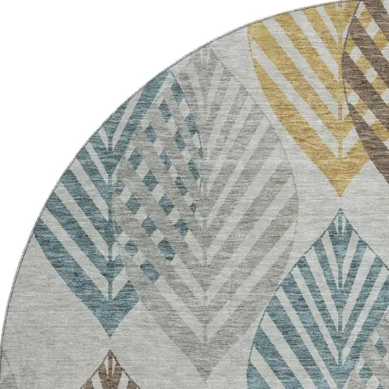 8' Gray Teal And Gold Floral Washable Round Rug With UV Protection Photo 4