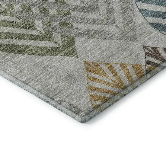 8' Gray Teal And Gold Floral Washable Round Rug With UV Protection Photo 7