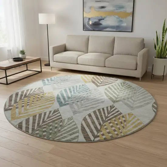 8' Gray Teal And Gold Floral Washable Round Rug With UV Protection Photo 2