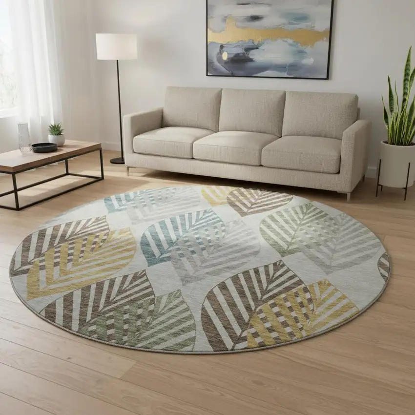 8' Gray Teal And Gold Floral Washable Round Rug With UV Protection Photo 2