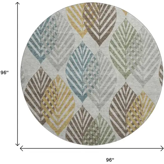 8' Gray Teal And Gold Floral Washable Round Rug With UV Protection Photo 3