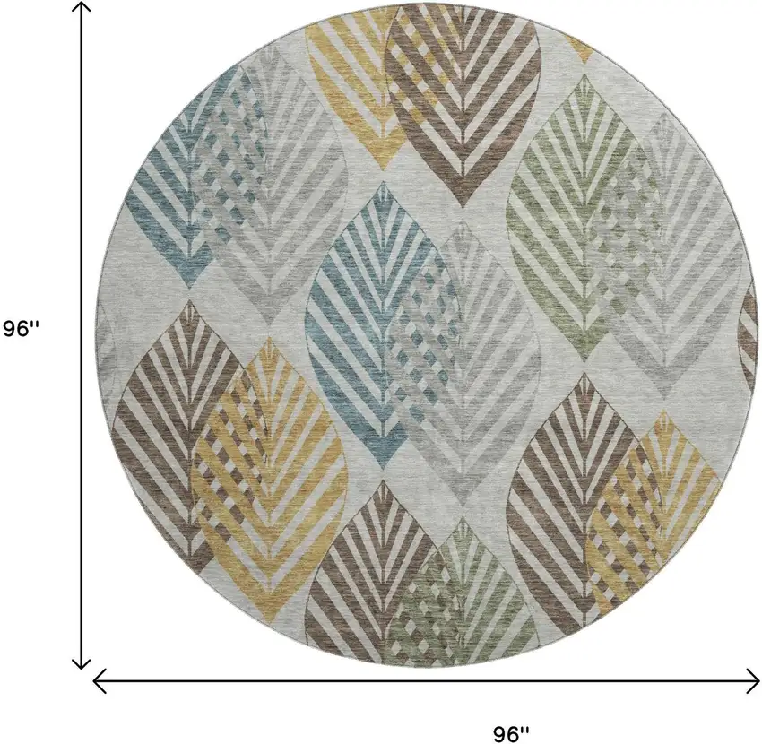 8' Gray Teal And Gold Floral Washable Round Rug With UV Protection Photo 3