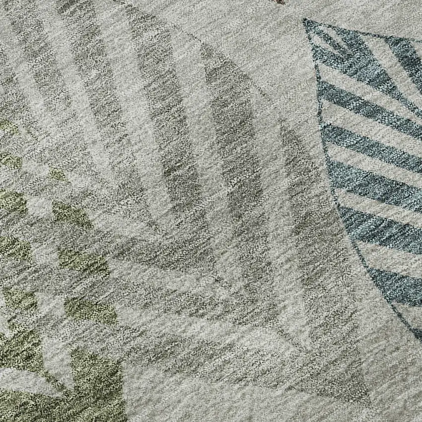 8' Gray Teal And Gold Floral Washable Round Rug With UV Protection Photo 9