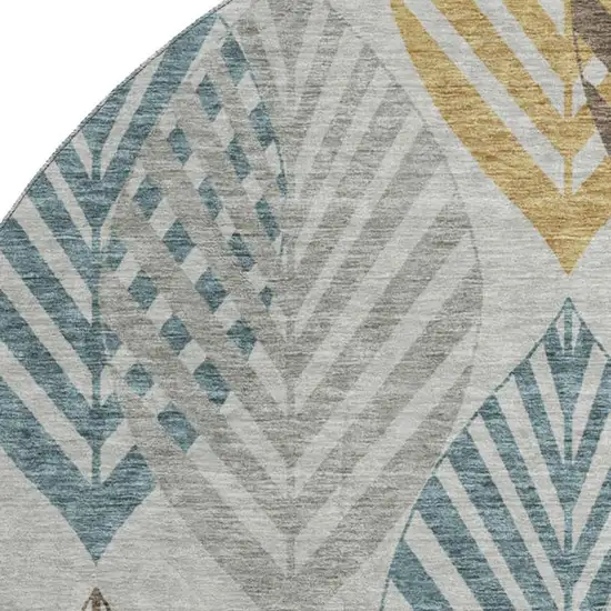8' Gray Teal And Gold Floral Washable Round Rug With UV Protection Photo 3