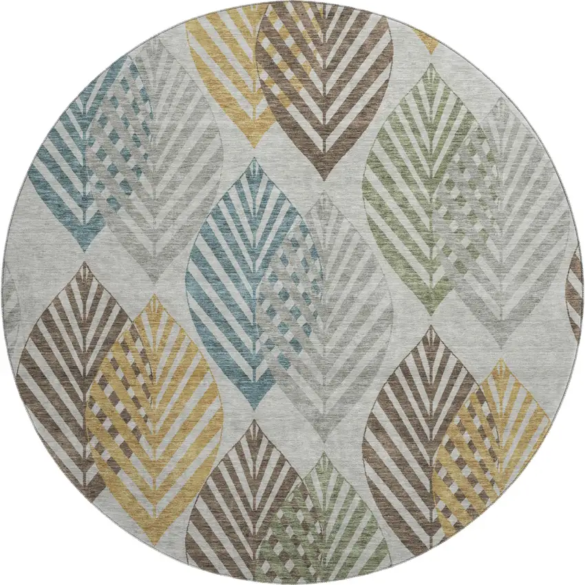 8' Gray Teal And Gold Floral Washable Round Rug With UV Protection Photo 1