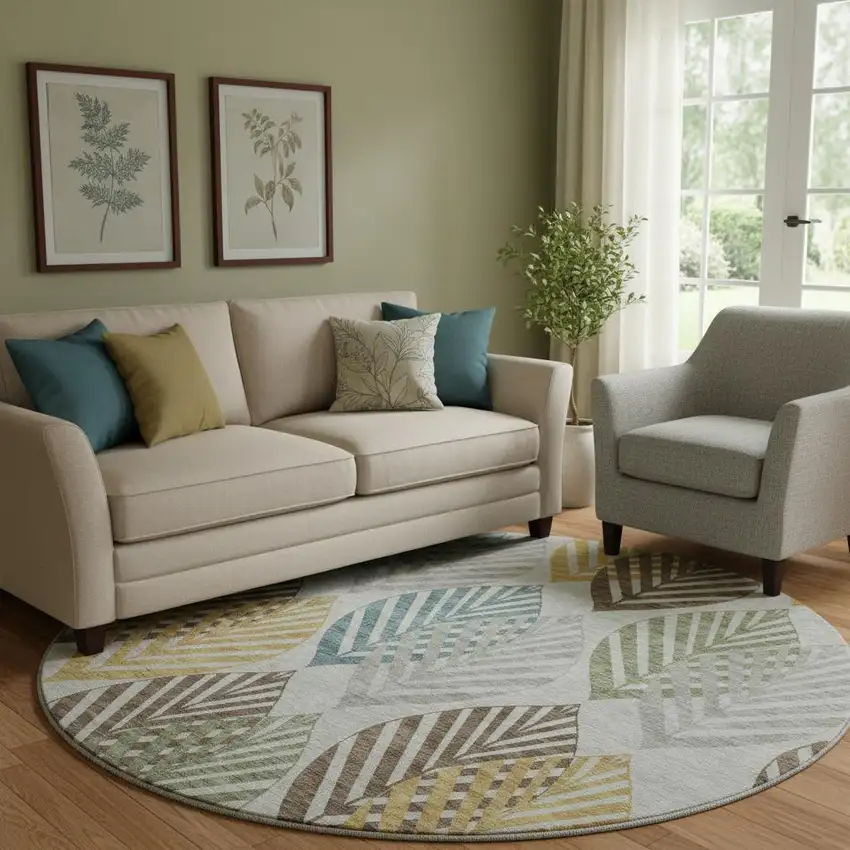 8' Gray Teal And Gold Floral Washable Round Rug With UV Protection Photo 1