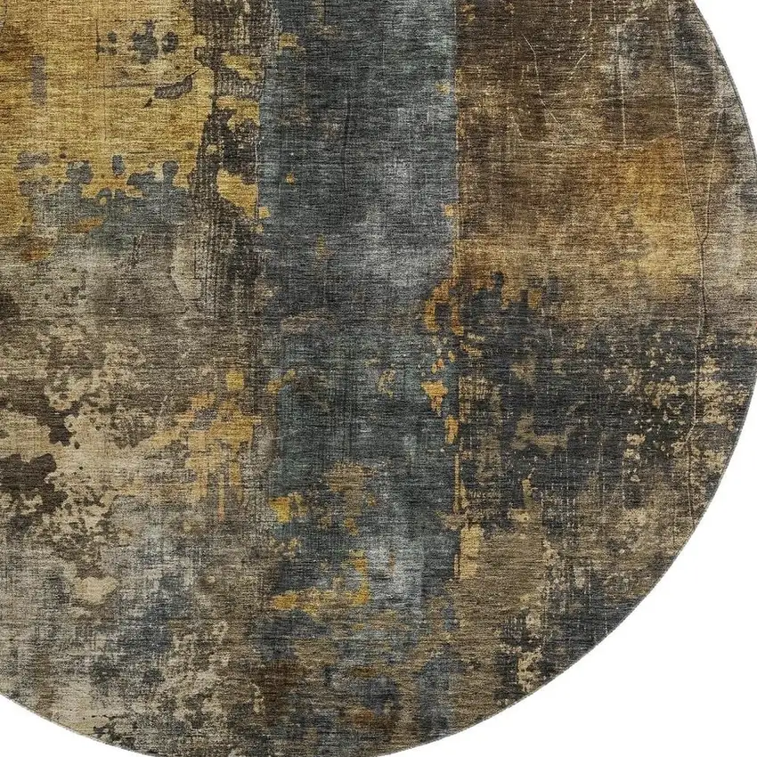 8' Gray Teal And Gold Striped Washable Round Rug With UV Protection Photo 2