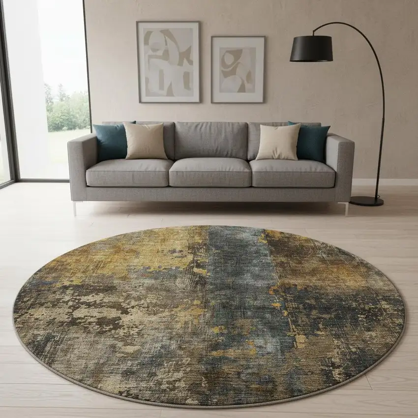 8' Gray Teal And Gold Striped Washable Round Rug With UV Protection Photo 2