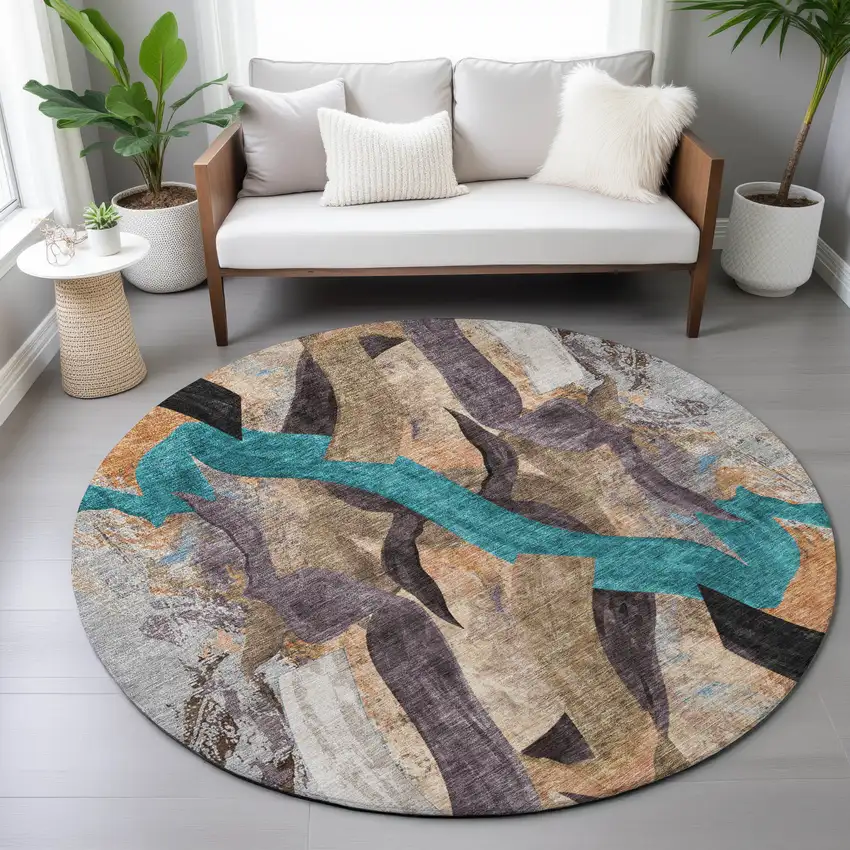 8' Gray Teal Blue And Plum Round Abstract Washable Indoor Outdoor Area Rug Photo 9