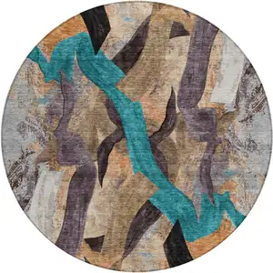 Photo of 8' Gray Teal Blue And Plum Round Abstract Washable Indoor Outdoor Area Rug
