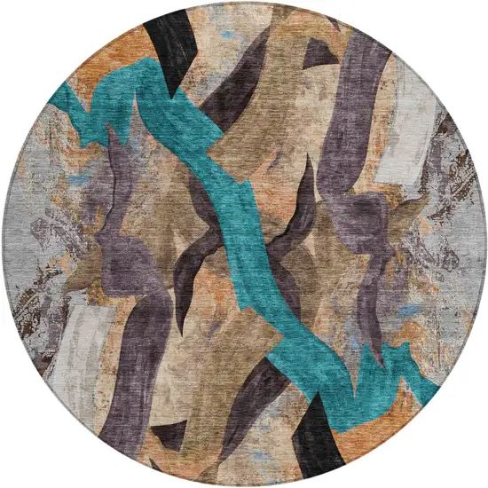 8' Gray Teal Blue And Plum Round Abstract Washable Indoor Outdoor Area Rug Photo 1