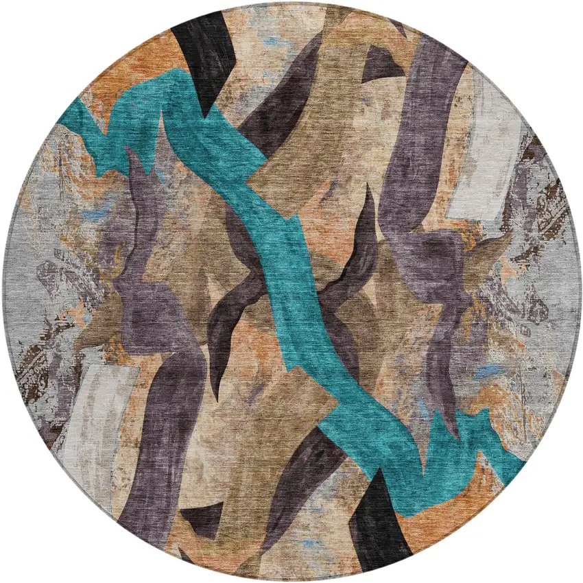 8' Gray Teal Blue And Plum Round Abstract Washable Indoor Outdoor Area Rug Photo 1