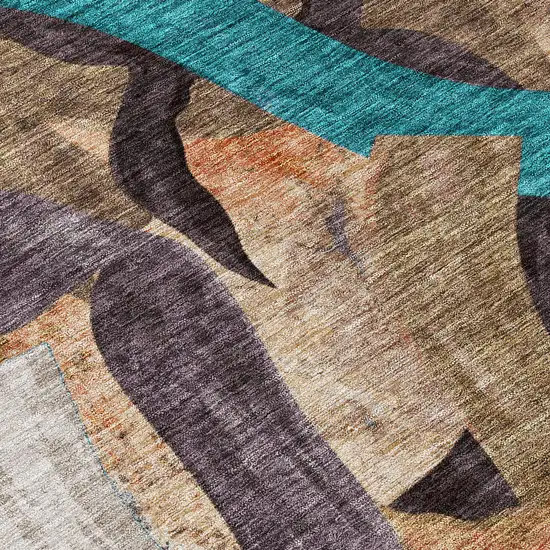 8' Gray Teal Blue And Plum Round Abstract Washable Indoor Outdoor Area Rug Photo 6