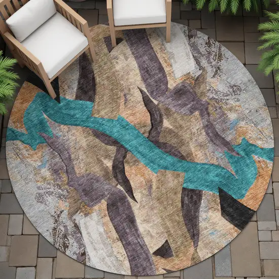 8' Gray Teal Blue And Plum Round Abstract Washable Indoor Outdoor Area Rug Photo 7