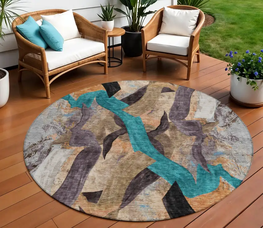 8' Gray Teal Blue And Plum Round Abstract Washable Indoor Outdoor Area Rug Photo 2