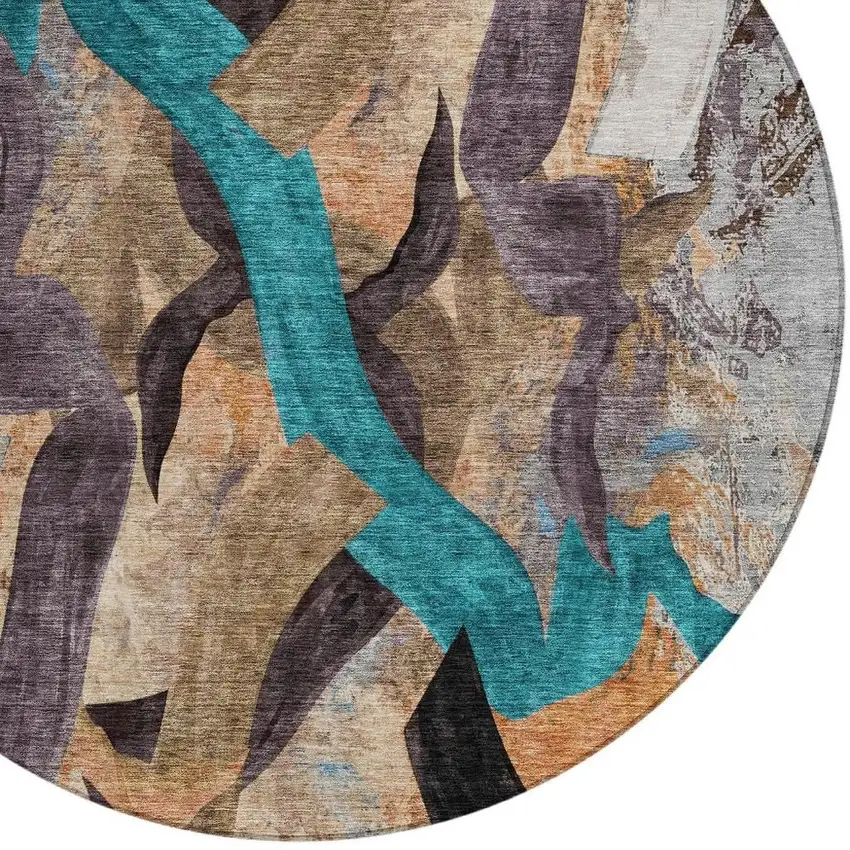 8' Gray Teal Blue And Plum Round Abstract Washable Indoor Outdoor Area Rug Photo 5