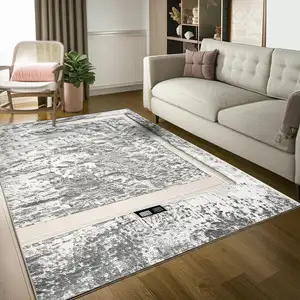 Photo of 8' Gray White And Brown Abstract Washable Round Rug With UV Protection