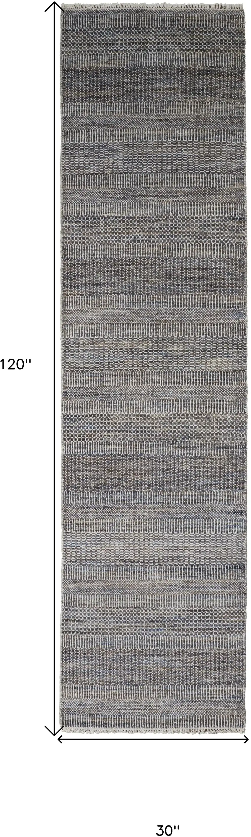 10' Gray Wool Striped Hand Knotted Runner Rug Photo 6