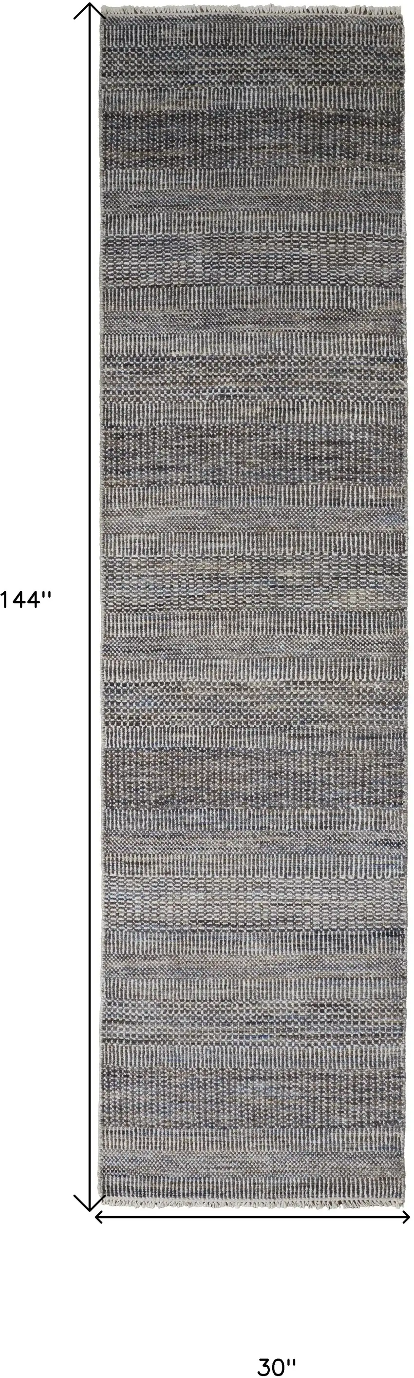 12' Gray Wool Striped Hand Knotted Runner Rug Photo 5