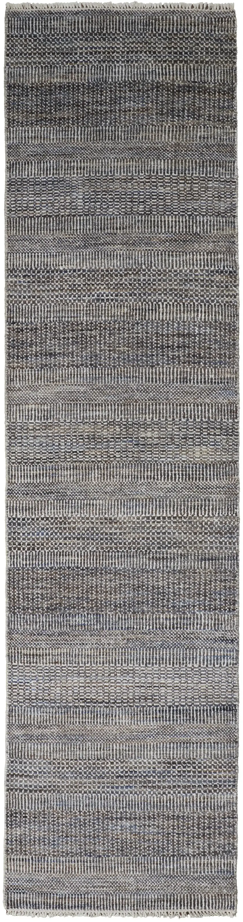 12' Gray Wool Striped Hand Knotted Runner Rug Photo 1