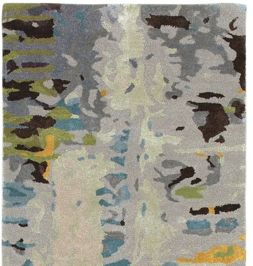 8' Gray Yellow And Black Abstract Hand Tufted Runner Rug Photo 4