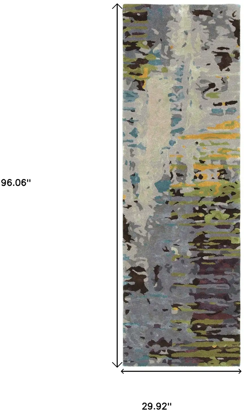 8' Gray Yellow And Black Abstract Hand Tufted Runner Rug Photo 3